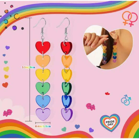 Long Dangle Rainbow Heart Earrings 6 Hearts Colorful - Picture 3 of 6